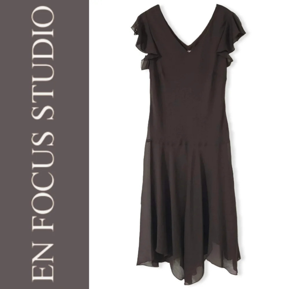 EN FOCUS Chocolate Brown Chiffon Y2k Midi Dress, Handkerchief Hem, Lined, 14 - Picture 2 of 14